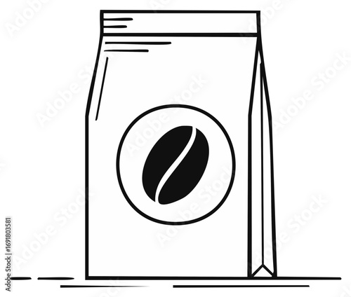 Minimalist line art icon of a coffee bag with a bean logo, a simple black and white illustration