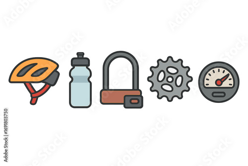 Bicycle essentials icon set for cycling. Vector illustration of safety helmet, water bottle for hydration, bike U-lock for security, gear cog, and analog speedometer.