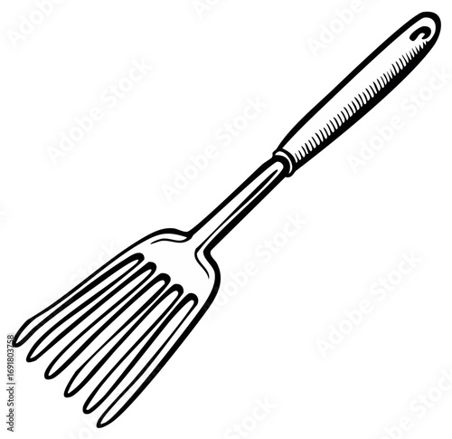 Black and white illustration of a cooking fork with long handle and tines