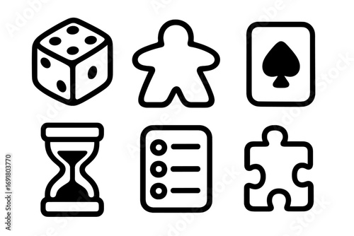 Board game icon set vector illustration. Collection of tabletop game symbols. Black outline pictogram of dice, meeple, card, hourglass, rules list and puzzle piece. Hobby.