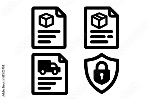 Shipping document icon set for logistics and secure delivery. Vector symbols for packing slip, waybill, and freight insurance. E-commerce and transport business graphics.