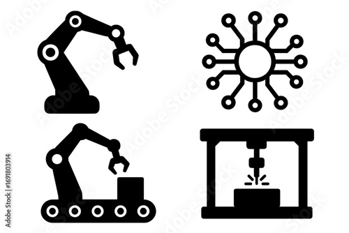 Industrial automation icon set. Robotic arm on conveyor belt, CNC laser cutting machine, and AI circuit pictogram. Manufacturing technology vector silhouette collection for factory.