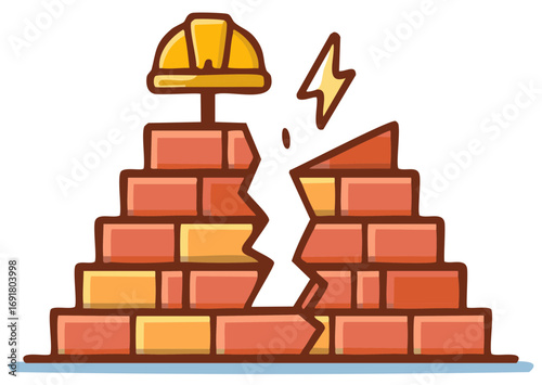 Broken brick wall with construction hard hat and lightning symbol representing damage or failure