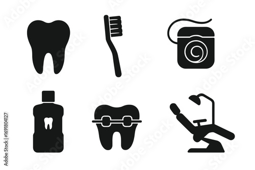 Dental care icons set in black silhouette style. Vector tooth, toothbrush, floss, mouthwash, braces, and dentist chair. Oral hygiene, dentistry, stomatology concepts.