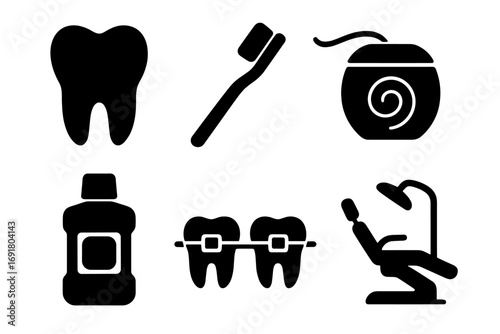 Dental care icon set. Dentistry and oral hygiene symbols. Tooth, toothbrush, floss, mouthwash, braces, and dentist chair silhouettes. Vector glyph collection for health.