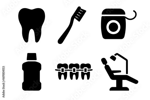 Dental care icon set. Vector silhouette illustration of tooth, toothbrush, dental floss, mouthwash, braces and dentist chair. Oral hygiene and dentistry concept.