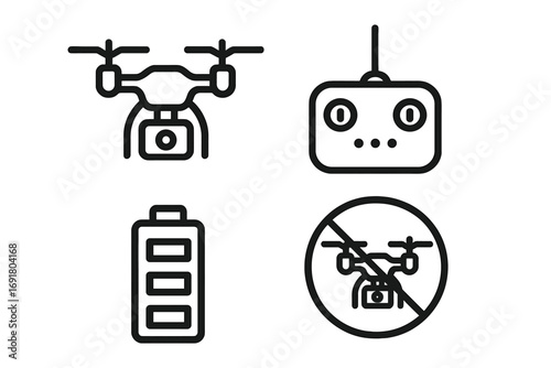 Drone and quadcopter linear icon set. Unmanned aerial vehicle with camera, remote controller, and battery symbol. No drone zone sign for restricted areas. Vector pictogram collection.