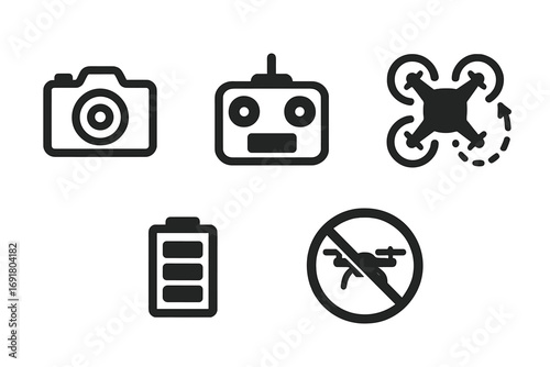 Drone minimal icon set with camera, remote controller, flight path, battery, and no-fly zone symbols. Vector line art pictogram collection for UI, UX, and web design.