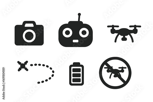 Drone minimal icons set. Vector glyph collection with camera, remote controller, flight path, battery charge, and no drone zone sign. UAV quadcopter technology symbol.