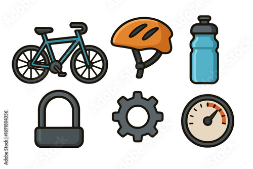 Essential cycling icon set. Vector collection of bike, helmet, water bottle, security lock, gear cogwheel, and speedometer. Cartoon style for sport, recreation and fitness.