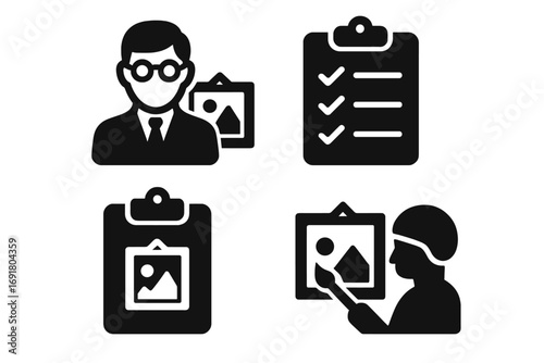 Art management icons. Curation and gallery concept. Curator, restorer, inventory and checklist symbols. Solid glyph icon set for art business, collection, and museum.