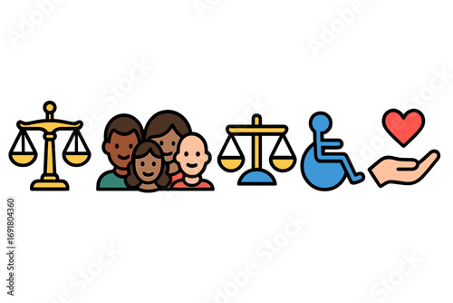 Justice, diversity, equality, accessibility, inclusion icon set. Vector cartoon symbols for social values, human rights, ethics, community, trust, and balance. Disability concept.