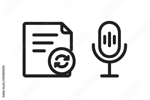 Essential minimalist icons for note syncing and voice recording. Document update and microphone symbol. Vector line art for UI UX design. File refresh, audio memo concept.