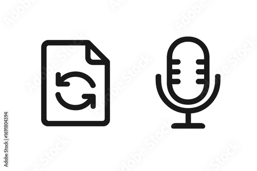Sync and voice record icon set. Minimalist vector line art for UI design. Document update, file refresh, audio memo, podcast microphone symbols. Isolated pictogram element.