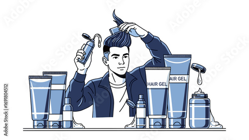 A confident man with styled hair is surrounded by an array of grooming products showcasing a personal care routine and self grooming