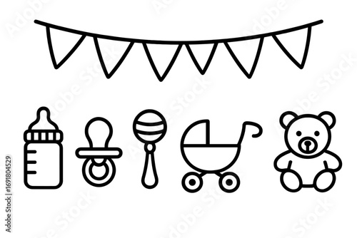 Baby shower outline icon set. Vector collection for newborn celebration. Line art of bunting, milk bottle, pacifier, rattle, carriage, teddy bear. Infancy, childcare.