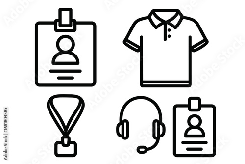 Event staff essentials icon set. Booth personnel, trade show. Vector outline icons. ID badge, lanyard, polo shirt, support headset. Employee identification, access control.
