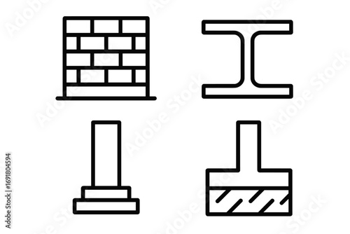 Construction line icons set. Building structural elements for architecture. Load-bearing brick wall, steel I-beam, support column, concrete footing foundation. Engineering vector.