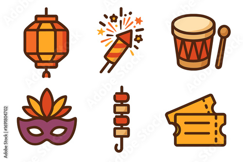 Festival icons set with lantern, firework, drum, mask, skewers, and ticket. Flat style vector cartoon illustration for celebration, party, or carnival design elements.