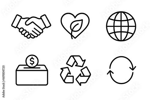 CSR icon set. Corporate social responsibility outline icons. Handshake for partnership, eco heart leaf, globe for global, charity box, recycling for sustainability. Vector.