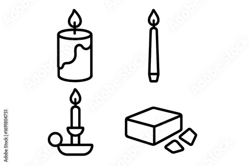 Candle making and accessories outline icon set. Vector line art illustration of pillar candle, taper candle in holder, and wax block. For handmade decor and hobby graphics.