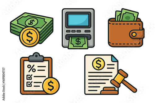 Finance vector icon set with money stack, ATM, wallet, and loan contract symbols. Cartoon illustration of banking, investment, tax, budget, legal law, and personal finance concepts.