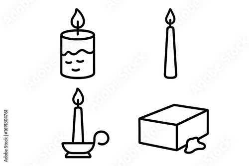 Candle making and decoration line icon set. Vector outline symbols for aromatherapy, spa and home decor. Features pillar candle, taper, candlestick holder and melting wax block.
