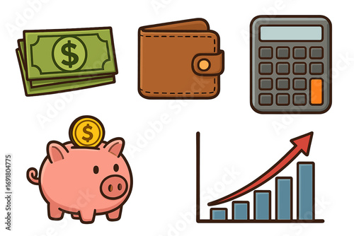 Finance icon set with money, wallet, calculator, piggy bank, and growth graph. Vector cartoon symbols for savings, investment, banking, business, and economy concepts.