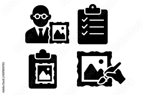Art management and curation solid glyph icon set. Includes icons for a curator, art gallery, museum, checklist, and appraisal. Art restoration and conservation concepts. Vector