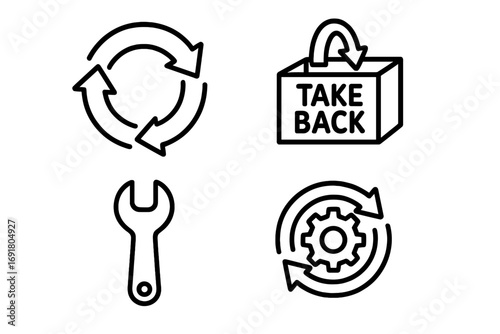 Circular economy line icon set. Sustainable manufacturing concepts like repair, reuse, refurbish, and product take-back. Vector symbols for zero waste, eco cycle and recycling.