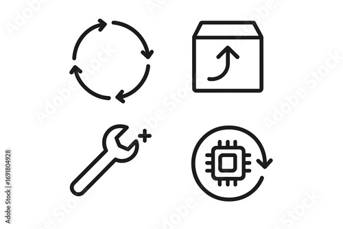 Circular economy outline icon set. Eco-friendly concepts for sustainability. Icons for reuse, reduce, repair, recycle, refurbish. Loop arrows, take-back box, wrench, chip.