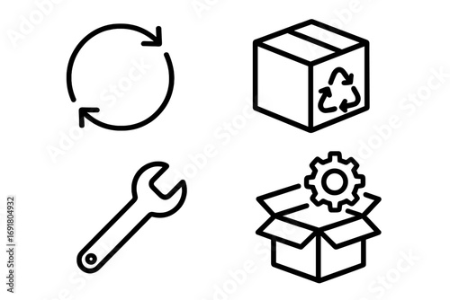 Circular economy outline icon set. Concepts for sustainable business like take-back, repair, refurbish, and reuse. Vector symbols for recycling, waste reduction, and product lifecycle.
