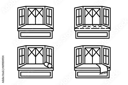 Bay window bench icon set. Line art vector of built-in seating furniture. Cozy home interior reading nook with tufted cushion, bolster pillow, and decorative throw blanket.