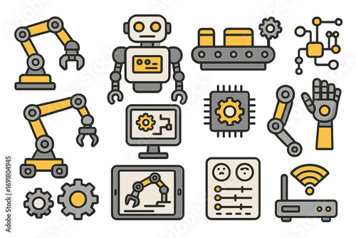 Industrial robotics and automation icon set. Vector elements for technology, engineering, and manufacturing. Includes robotic arm, conveyor belt, AI, chip, and smart factory concepts.