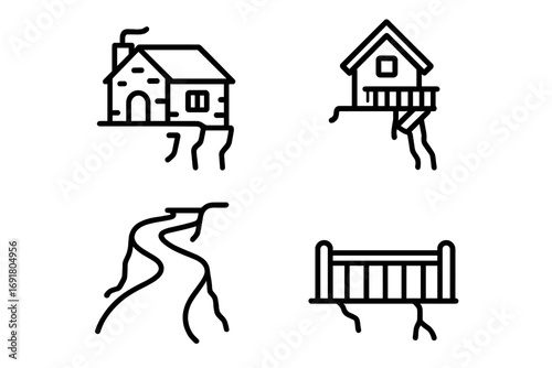 Cliff house line icon set. Remote cliffside settlement vector icons. Stone cottage, wooden cabin on cliff edge, winding path, balcony railing. Nature architecture symbols.