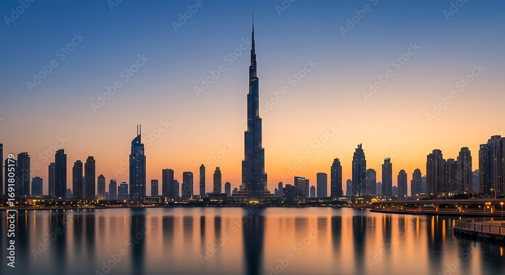 Fototapeta premium The Dubai city skyline at sunset with the iconic Burj Khalifa reflected in the still water of a lake