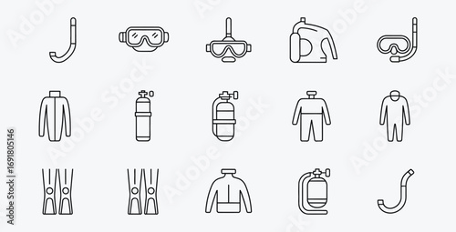 Set of Scuba Diving Equipment Icon Vector in Modern Line Style