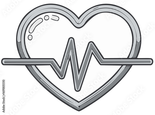 Monochrome heart icon with a heartbeat EKG line for medical and health concepts