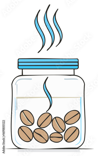 Aromatic freshly roasted coffee beans steaming inside a sealed glass storage jar cartoon illustration