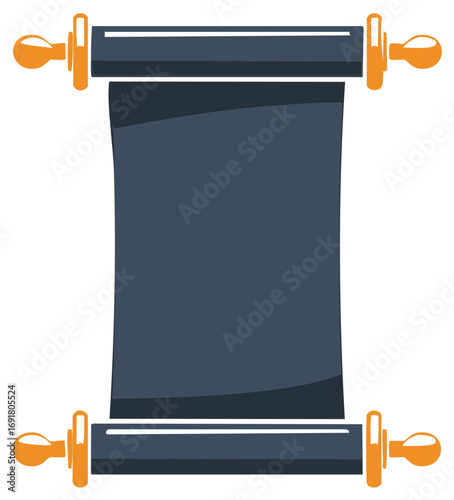 Blank dark grey vertical scroll with orange decorative finials, ancient parchment document template