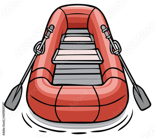 Red inflatable raft with paddles for water sports and adventure on the river