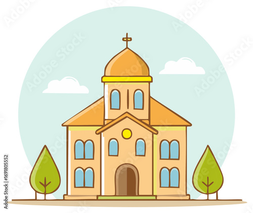 Cartoon Church Facade with Dome and Cross, Trees and Clouds Vector Art