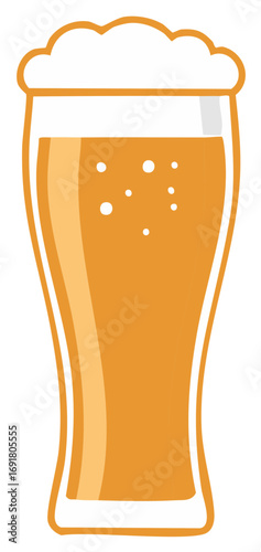 Golden Beer in a Tall Glass with Frothy Head and Bubbles, Ready to Drink, Vector Style