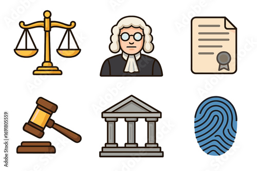 Law and justice icon set. Vector cartoon illustration of judge, courthouse, gavel, scales of justice, legal document, and fingerprint. Legal system and crime concept symbols.