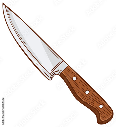 Sharp Kitchen Knife with Wooden Handle Cookware Illustration Silver Blade Steel Tool Meal Food Cooking Chef Culinary