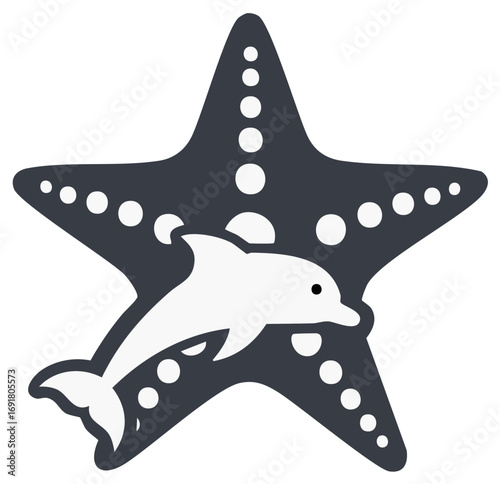 Stylized Icon Illustration of a Starfish and a Playful Dolphin.