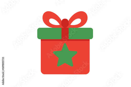 Christmas gift present box with a bow and star decoration. Flat design vector cartoon illustration. Festive holiday surprise icon. Graphic element for Xmas celebration.