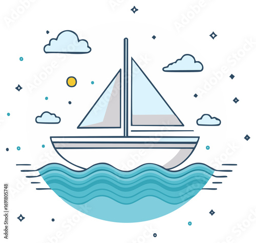 Minimalist sailboat illustration floating on sea waves under a sunny sky with clouds