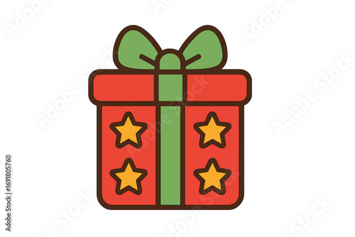 Christmas gift box icon. Vector cartoon illustration of a red present with green ribbon and stars. Flat design for holiday, birthday, and celebration graphics. Surprise package.