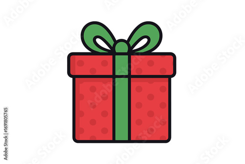 Christmas gift icon. Red present box with green ribbon. Holiday surprise symbol. Flat cartoon vector illustration. Festive wrapping for birthday, anniversary, new year celebration.